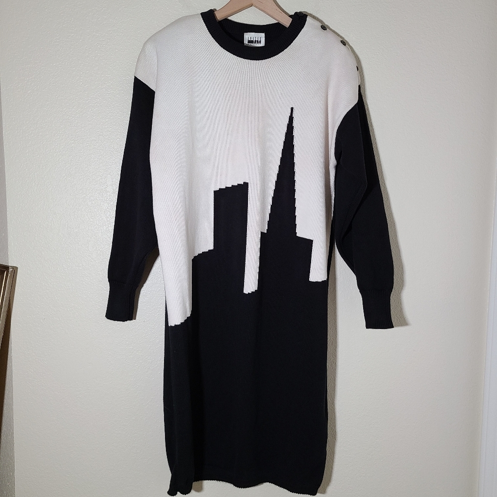 Vintage 80's 90's Sweater Dress Knit Skyline Cityscape ILGWU
